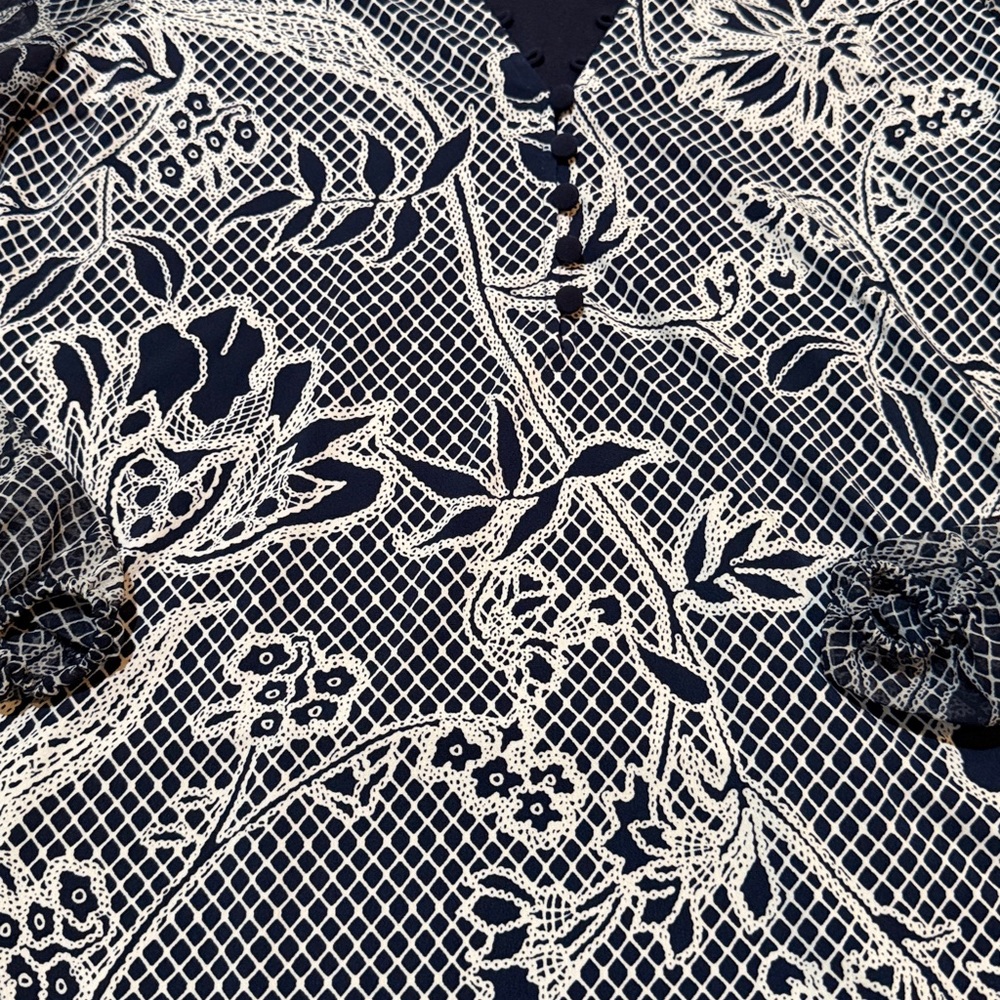 White House Black Market Matte Jersey Woven Sleeve Blouse in Officer Blue - Picture 4 of 7